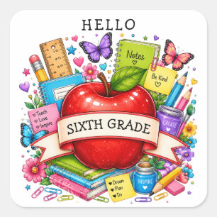 Hello Sixth Grade Retro Apple Square Sticker