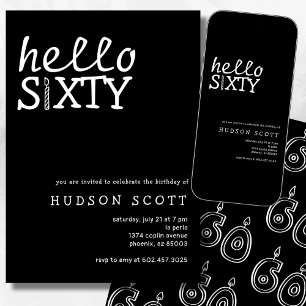 Hello Sixty 60th Birthday Party Modern Black Invitation