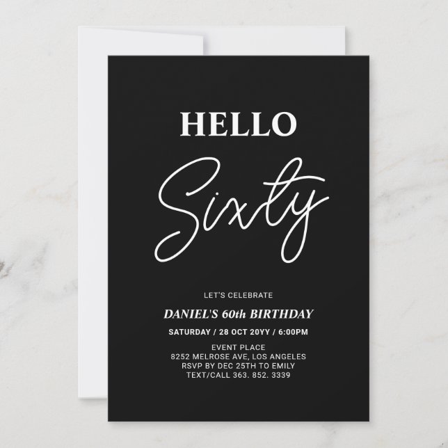 Hello Sixty | Modern Black 60th Birthday Party Invitation (Front)