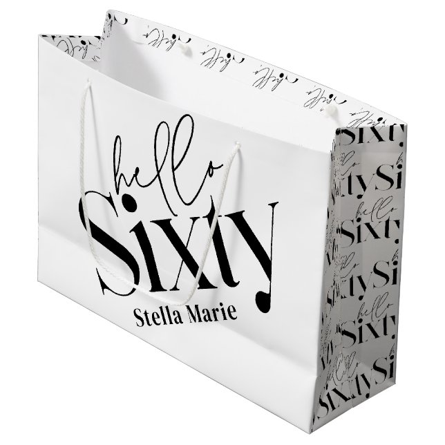 Hello sixty modern minimal elegant 60th birthday large gift bag (Front Angled)