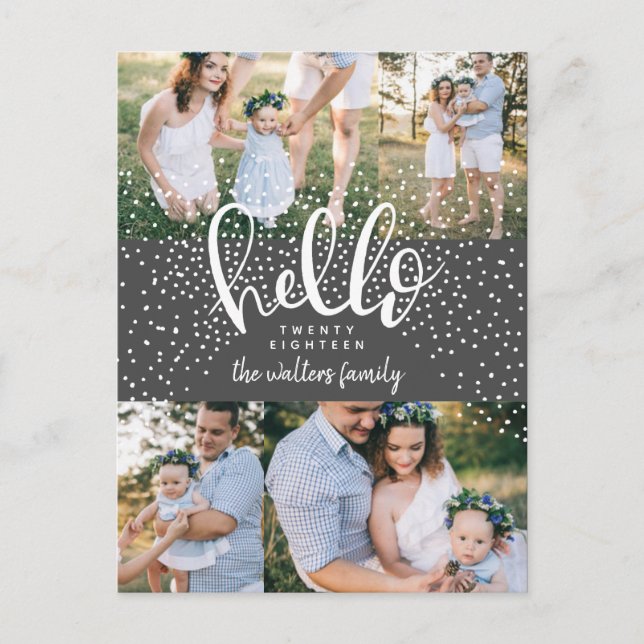 HELLO SNOW MULTI PHOTO NEW YEAR HOLIDAY POSTCARD (Front)