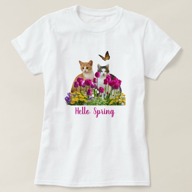 Hello Spring Cats in Tulip Flower Garden  T-Shirt (Design Front)