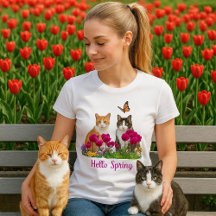Hello Spring Cats in Tulip Flower Garden 