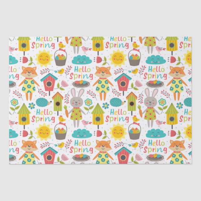 Hello Spring! Cute Colourful Animal Cartoons Tissue Paper (Front)