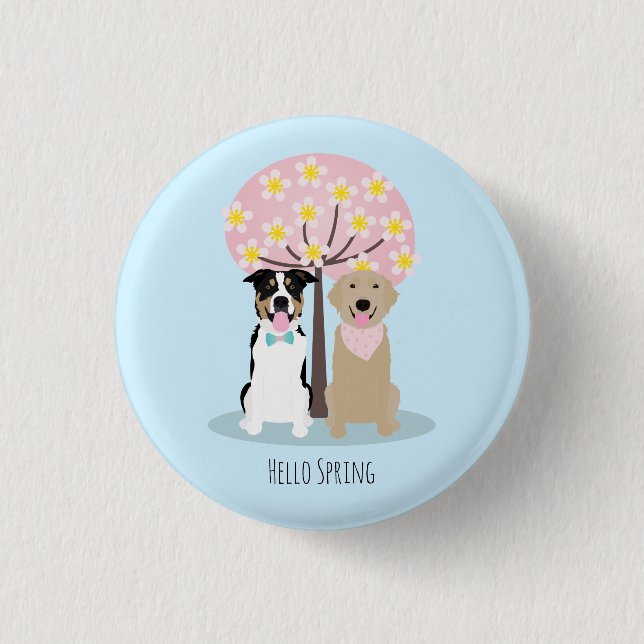 Hello Spring Dogs By Cherry Blossom Tree 1 Inch Round Button (Front)