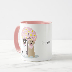 Hello Spring Dogs By Cherry Blossom Tree Mug