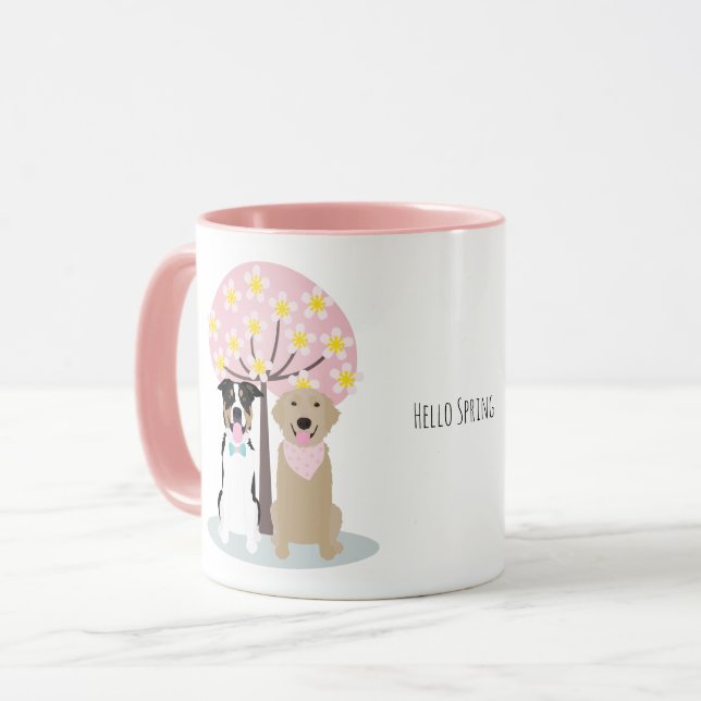 Hello Spring Dogs By Cherry Blossom Tree Mug (Front Left)