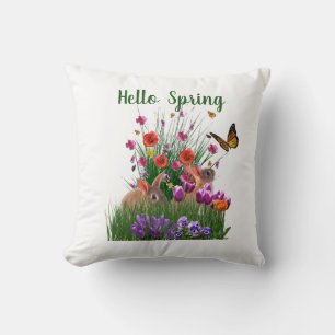 Hello Spring Easter Rabbits and Flower Garden Throw Pillow