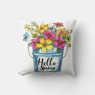 Hello Spring Floral Bucket Throw Pillow