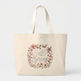 Hello Spring Floral Butterfly Wreath with Flower Large Tote Bag