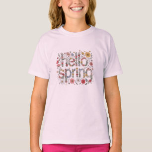 Hello Spring – Floral Lettering Design T-Shirt