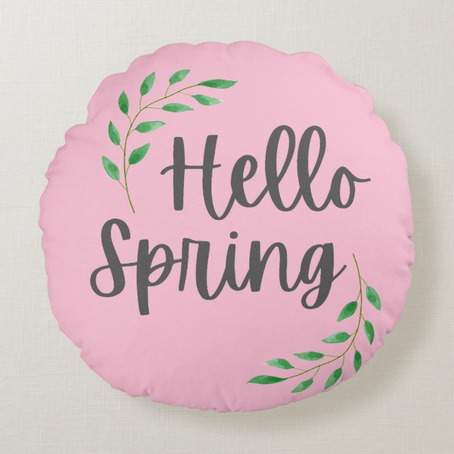 Hello Spring Floral Pastel Springtime Decor Round Pillow (Front)