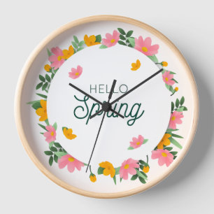 Hello Spring Floral Wreath Clock