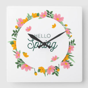 Hello Spring Floral Wreath Square Wall Clock