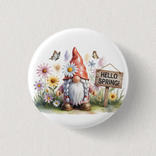 Hello Spring Garden Gnome: Cute Gnome with Braids 1 Inch Round Button