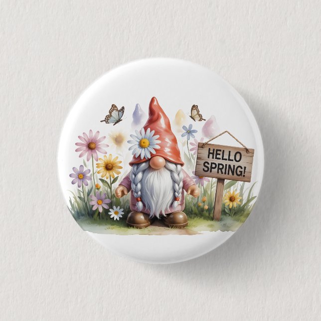 Hello Spring Garden Gnome: Cute Gnome with Braids 1 Inch Round Button (Front)