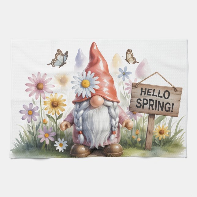 Hello Spring Garden Gnome: Cute Gnome with Braids Kitchen Towel (Horizontal)