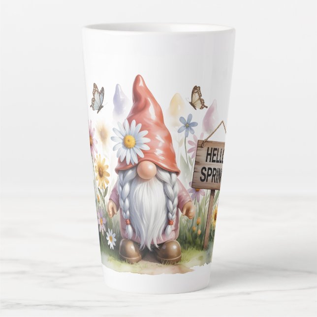 Hello Spring Garden Gnome: Cute Gnome with Braids Latte Mug (Front)