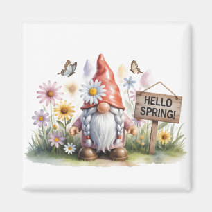 Hello Spring Garden Gnome: Cute Gnome with Braids Magnet