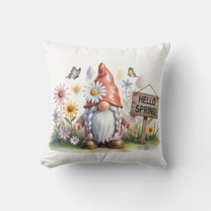 Hello Spring Garden Gnome: Cute Gnome with Braids Throw Pillow