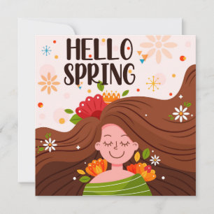 Hello Spring Girl Flowers Greeting  Card