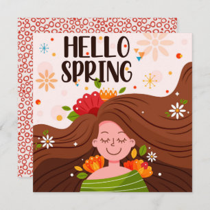 Hello Spring Girl Flowers Greeting Card