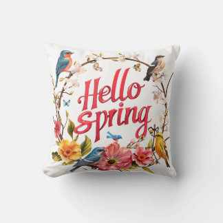 Hello Spring Graphic with Floral and Bird Motifs Throw Pillow