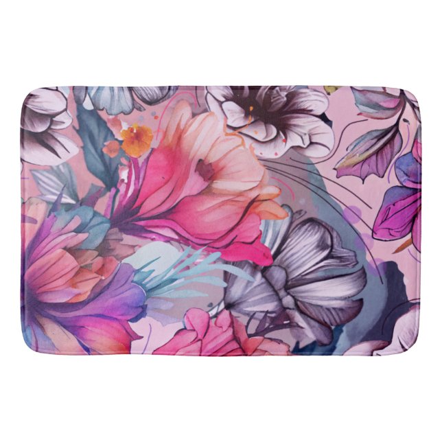 Hello Spring Happiness Time, Floral Watercolor Bath Mat (Front)