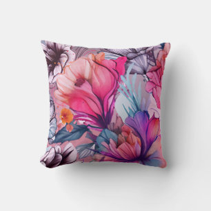 Hello Spring Happiness Time Pink Floral Watercolor Throw Pillow