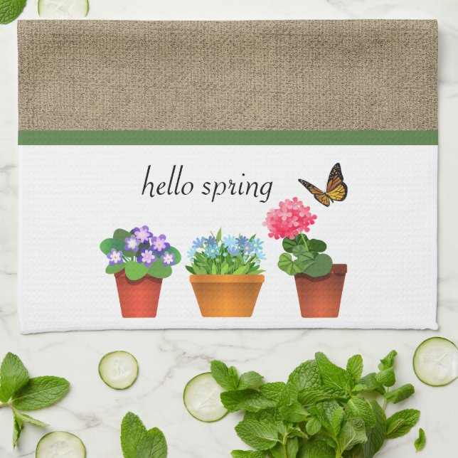 Hello Spring Khaki Colour Burlap and Flower Pots Kitchen Towel (Folded)