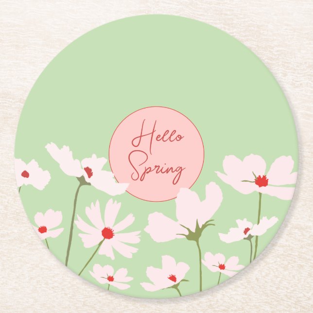 Hello Spring light pink red cosmos flowers   Round Paper Coaster (Front)
