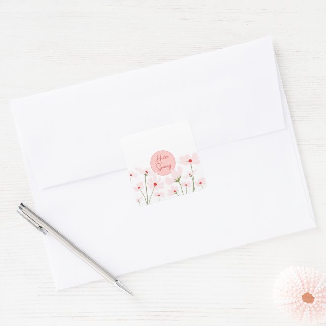 Hello Spring light pink red cosmos flowers  Square Sticker (Envelope)