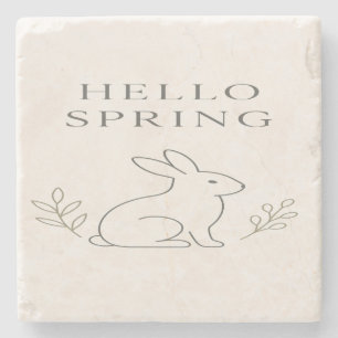 Hello Spring Minimal Bunny Line Art Stone Coaster
