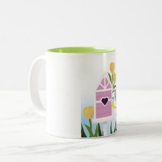 Hello Spring – Pastel Birdhouse and Yellow Tulips Two-Tone Coffee Mug