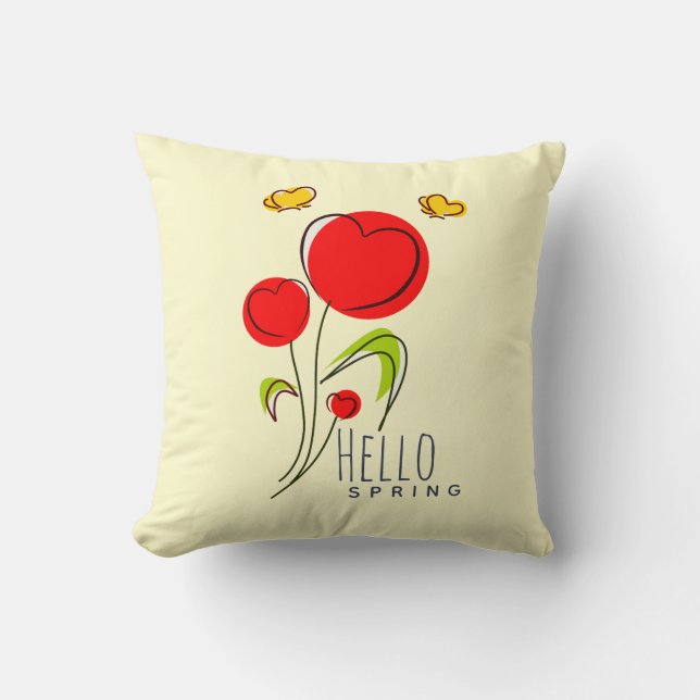 Hello Spring Text with Cute Red Heart Flowers Throw Pillow (Front)