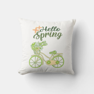 Hello Spring Vintage Bicycle Illustration Throw Pillow