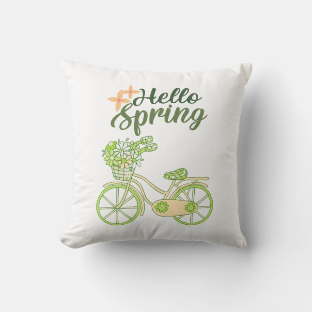 Hello Spring Vintage Bicycle Illustration  Throw Pillow (Front)