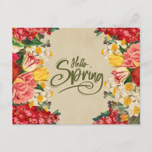 Hello Spring Vintage Tulip, Daffodil Flowers  Postcard