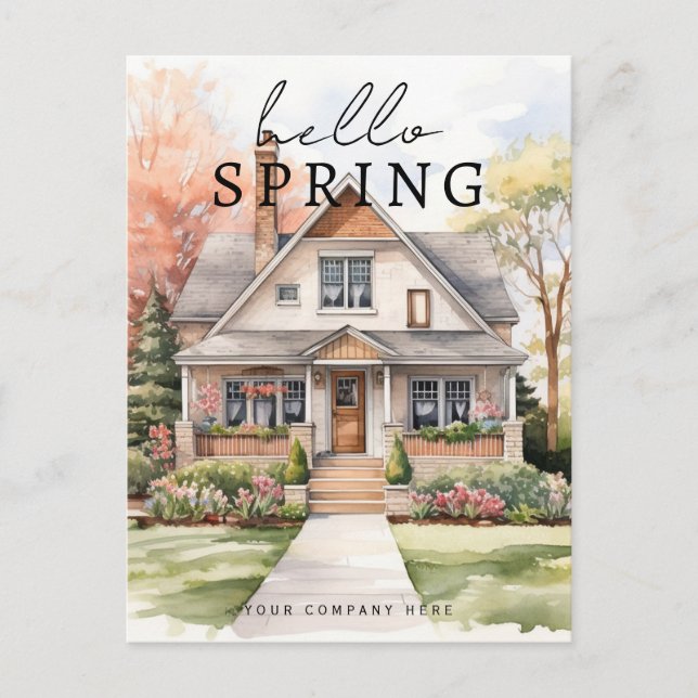Hello Spring Watercolor House Portrait Realty Postcard (Front)