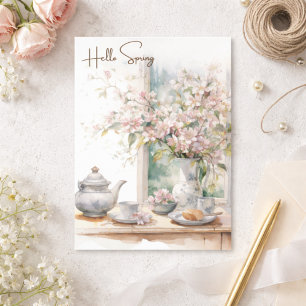 Hello Spring Watercolor Pink Flowers Bouquet Holiday Postcard