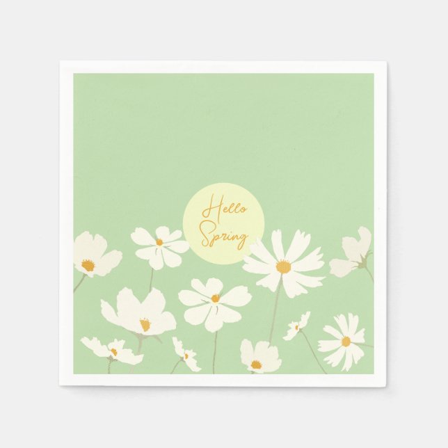 Hello Spring white cosmos flowers yellow middle  Napkin (Front)