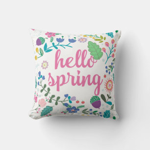 Hello Spring with Floral Art Throw Pillow