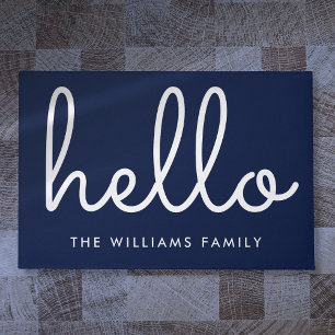 Hello Stylish Script Navy Blue Custom Family Name Doormat