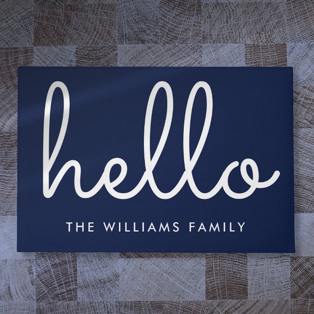 Hello Stylish Script Navy Blue Custom Family Name Doormat (Hello Stylish Script Navy Blue Custom Family Name Doormat)