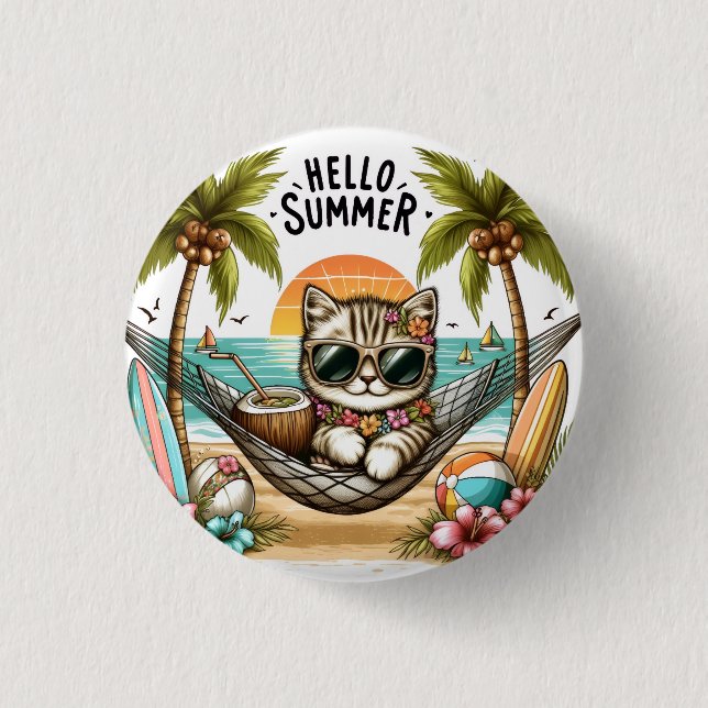 Hello Summer Beach Cat 1 Inch Round Button (Front)