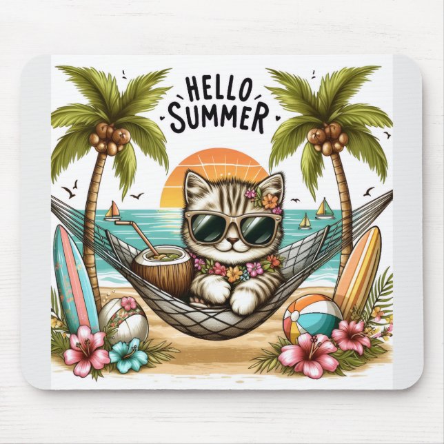 Hello Summer Beach Cat Mouse Pad (Front)