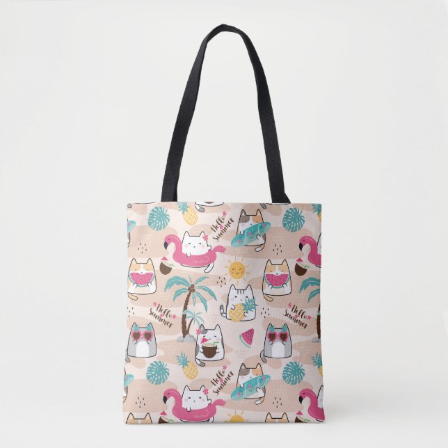 Hello Summer Beach Cat Surfer Kawaii Kitty  Tote Bag (Front)