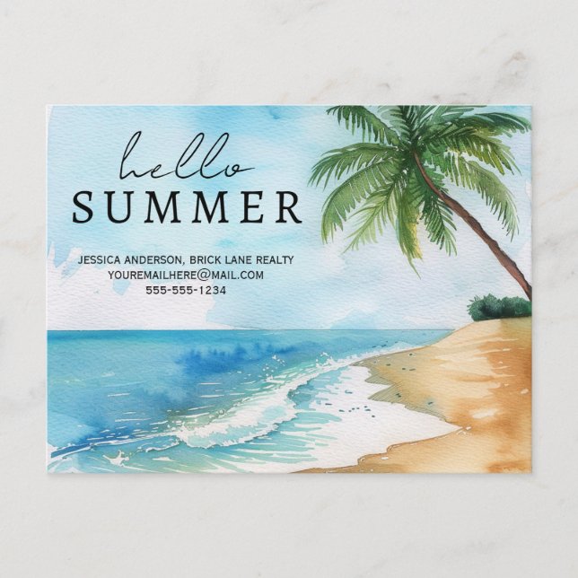 Hello Summer Beach Contact Info Real Estate Postcard (Front)