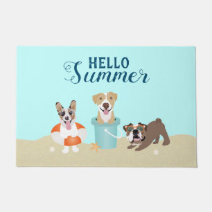 Hello Summer Beach Dogs Blue Doormat