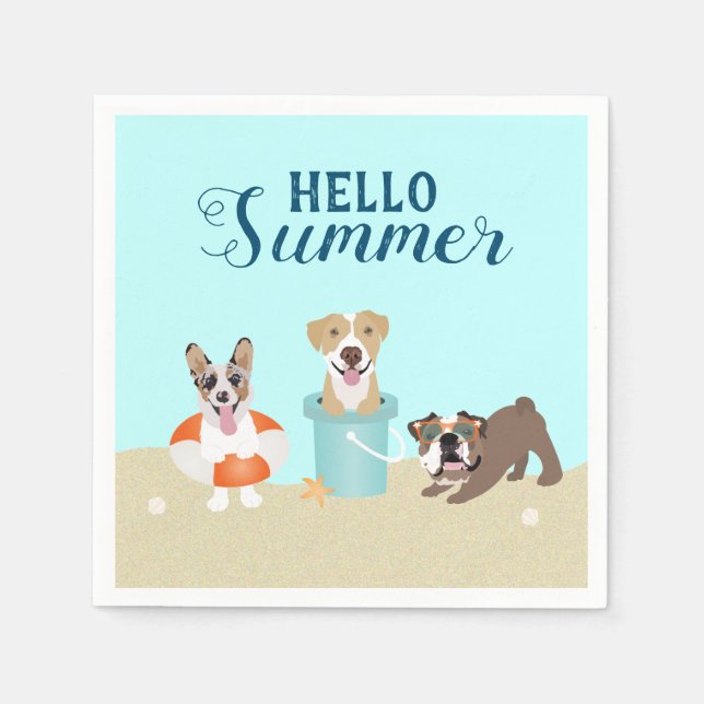 Hello Summer Beach Dogs Blue Orange Napkin (Front)